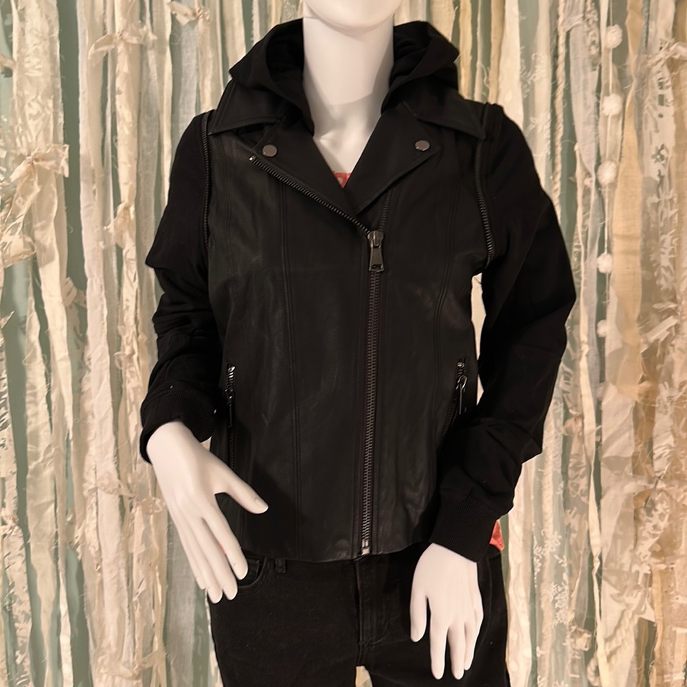 Black vegan leather jacket with cotton sleeves